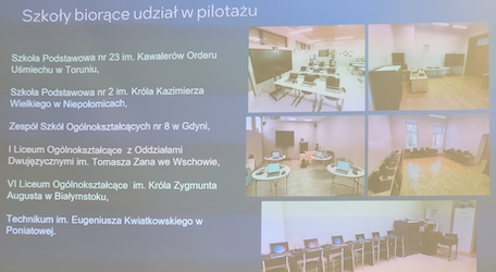 Slajd z listą szkół biorących udział w pilotażu